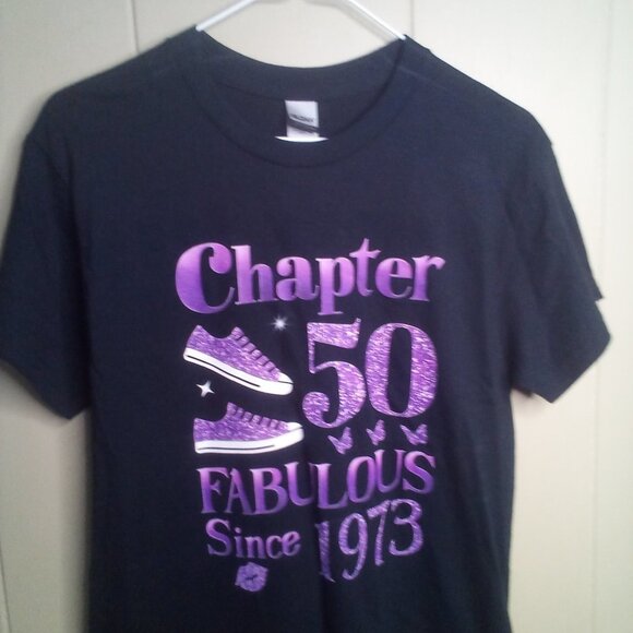 "50" Shirt Small "Chapter 50 Fabulous Since 1973" Black Purple - Picture 4 of 11